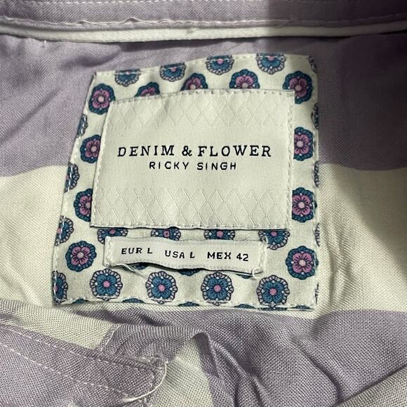 Denim & Flower Mens Button Up Shirt Size Large Purple White Stripes Short Sleeve - Picture 7 of 12